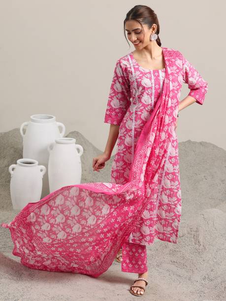 AASTIK FASHION Cotton Blend Kurta Pant Dupatta Set 069